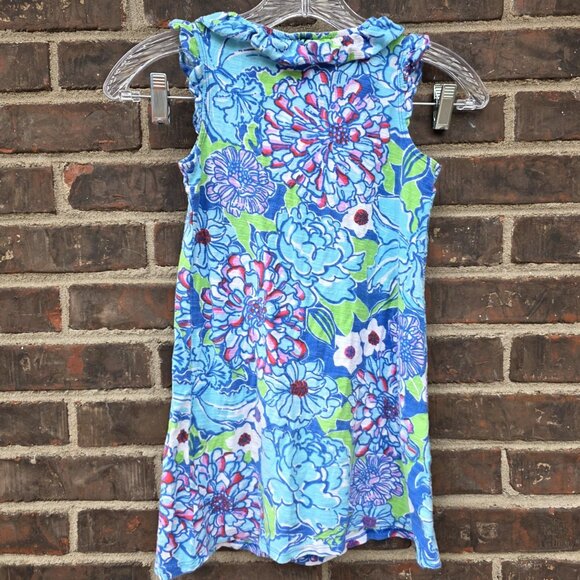 Lilly Pulitzer Girls Size M 6-7 Sleeveless Ruffled -Some stains Blue May Flowers - Picture 3 of 7